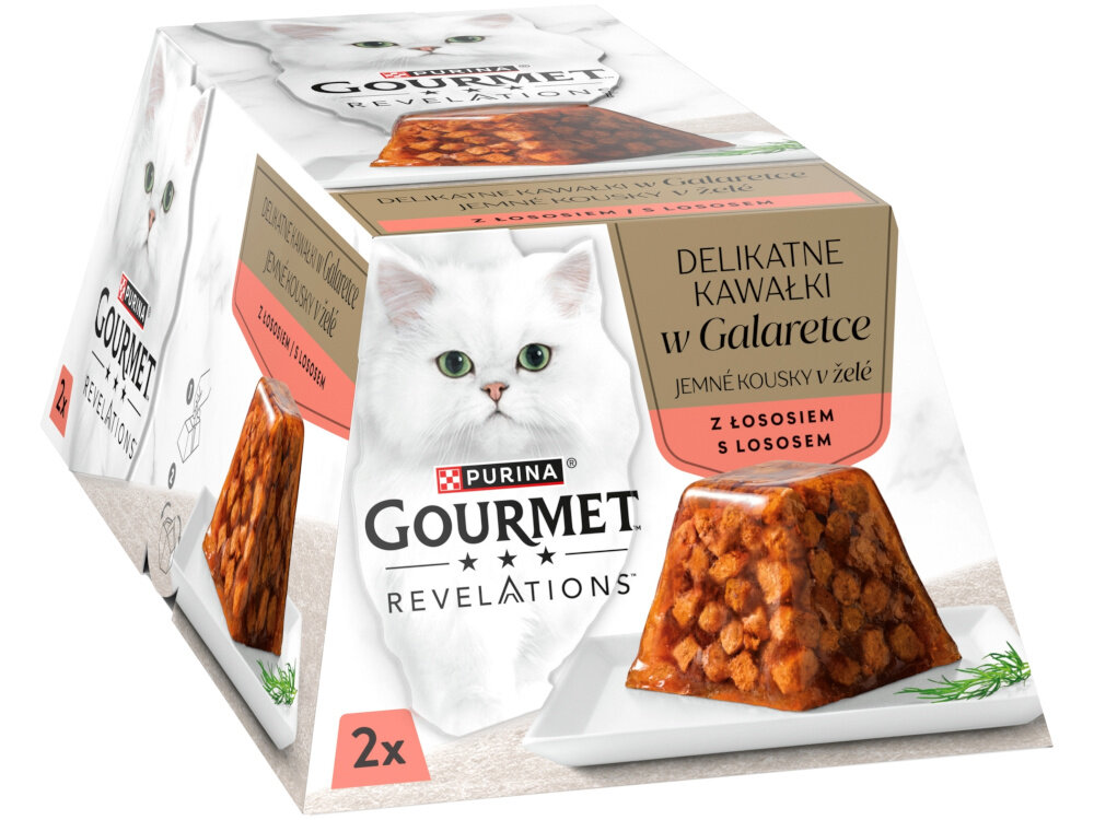 Karma dla kota Revelations Łosoś w galaretce (2 x 57 g) GOURMET Revelations z Łosośiem pełnoporcjowa mokra karma dla dorosłych kotów drobno pokrojone w kostkę kawałki w przejrzystej i eleganckiej galaretce spływającym sosem ze składnikami wysokiej jakości