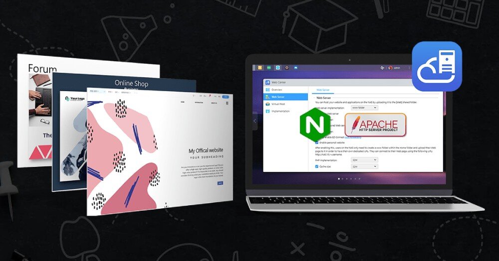 Serwer plików ASUSTOR AS3302T V2 Laptop z otwartym panelem Web Center i logotypami Nginx oraz Apache obok trzech przykładowych szablonów stron internetowych