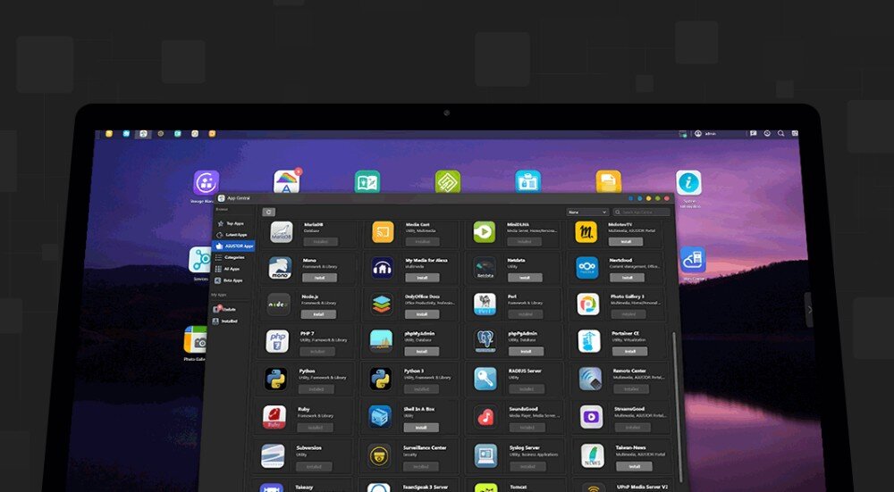 Serwer plików ASUSTOR AS3302T V2 Zbliżenie na ekran monitora z otwartym oknem App Central zawierającym liczne ikony dostępnych do zainstalowania aplikacji i narzędzi