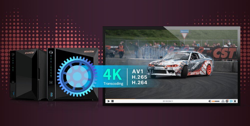 Serwer plików ASUSTOR AS3302T V2 Dwa serwery NAS obok monitora wyświetlającego auto wyścigowe w boku z napisem 4K Transcoding