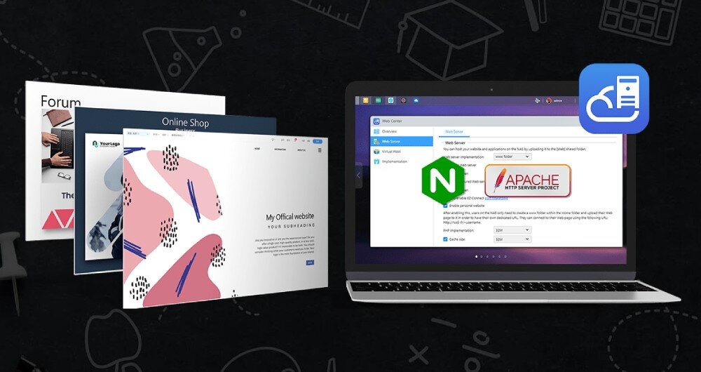 Serwer plików ASUSTOR AS1102TL Laptop z otwartym oknem konfiguracji serwera WWW, obok którego widoczne są logotypy Nginx i Apache oraz trzy karty prezentujące przykładowe strony internetowe typu forum i sklep online