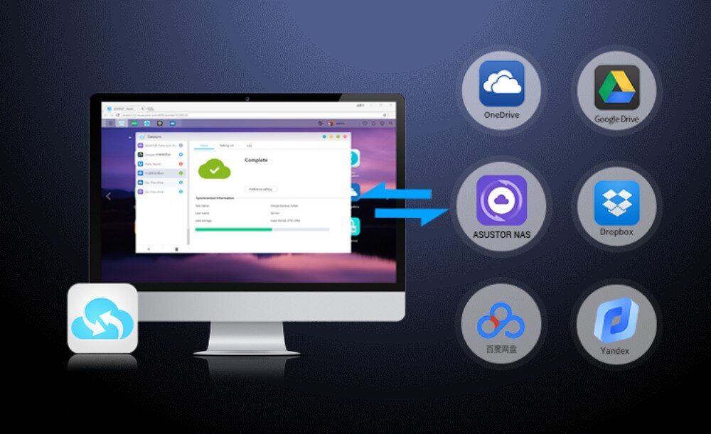 Serwer plików ASUSTOR AS1102TL Schemat łączności serwera z ikonami popularnych usług chmurowych takich jak OneDrive, Google Drive, Dropbox, Yandex oraz Baidu