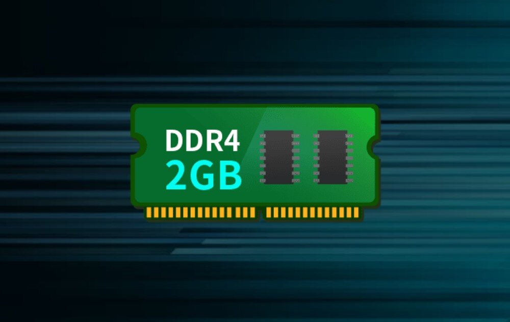 Serwer plików ASUSTOR AS3304T V2 Kość pamięci RAM z napisem DDR4 2GB na ciemnym tle ze smugami światła