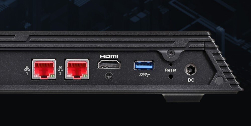 Serwer plików ASUSTOR FS6706T Zbliżenie na tylny panel urządzenia z widocznymi portami: dwa czerwone wejścia sieciowe RJ-45, port HDMI, niebieski port USB oraz gniazdo zasilania DC