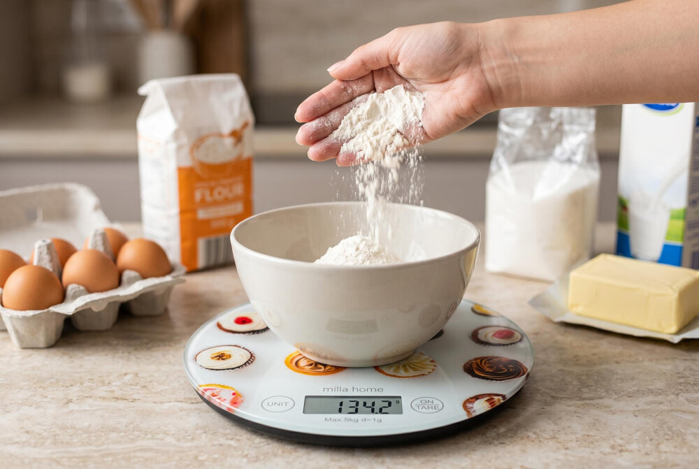 Waga kuchenna MILLA HOME MKS103 kuchnia miska na wadze osoba wsypuje mąkę do miski pomiar z dokładnością do 1 g maksymalne obciążenie do 5 kg precyzyjne przygotowanie potraw Stabilna platforma pomiarowa