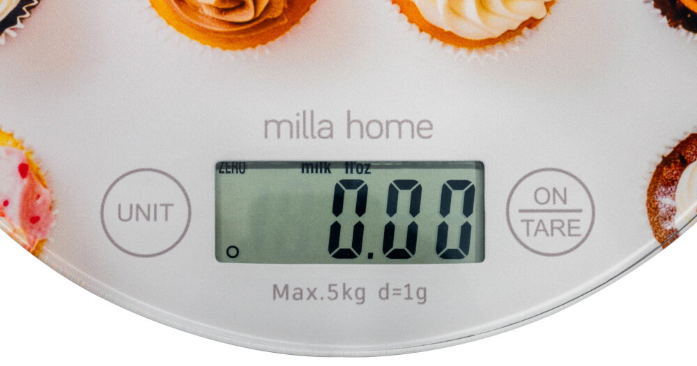 Waga kuchenna MILLA HOME MKS103 zbliżenie na wyświetlacz cyfrowy wyświetlacz LCD przyciski reagują na lekkie naciśnięcie ograniczyć konieczność powtarzania pomiarów przyspiesza pracę jedna bateria CR2032