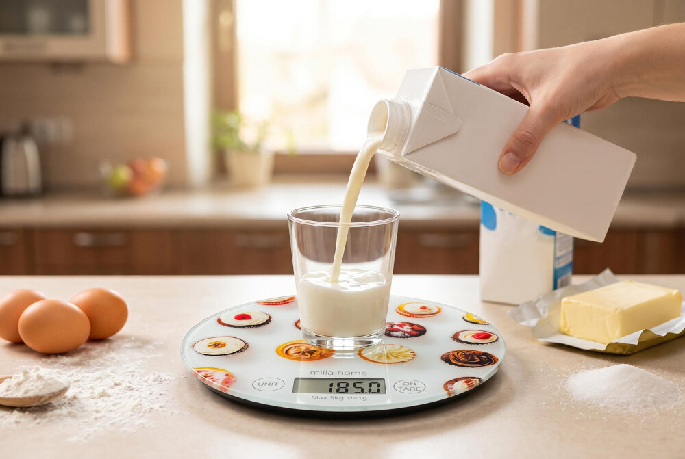Waga kuchenna MILLA HOME MKS103 kuchnia szklanka stoi na wadze osoba wlewa do szklanki mleko funkcja przeliczania jednostek gramami, kilogramami, funtami z uncjami mililitrami i uncjami objętości zmniejsza ryzyko błędów