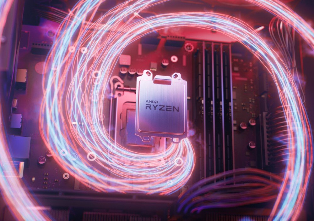 Komputer LENOVO Legion T5 30AGB10 Zbliżenie na procesor z napisem 'AMD Ryzen' na płycie głównej, otoczony efektami świetlnymi w formie spiralnych linii