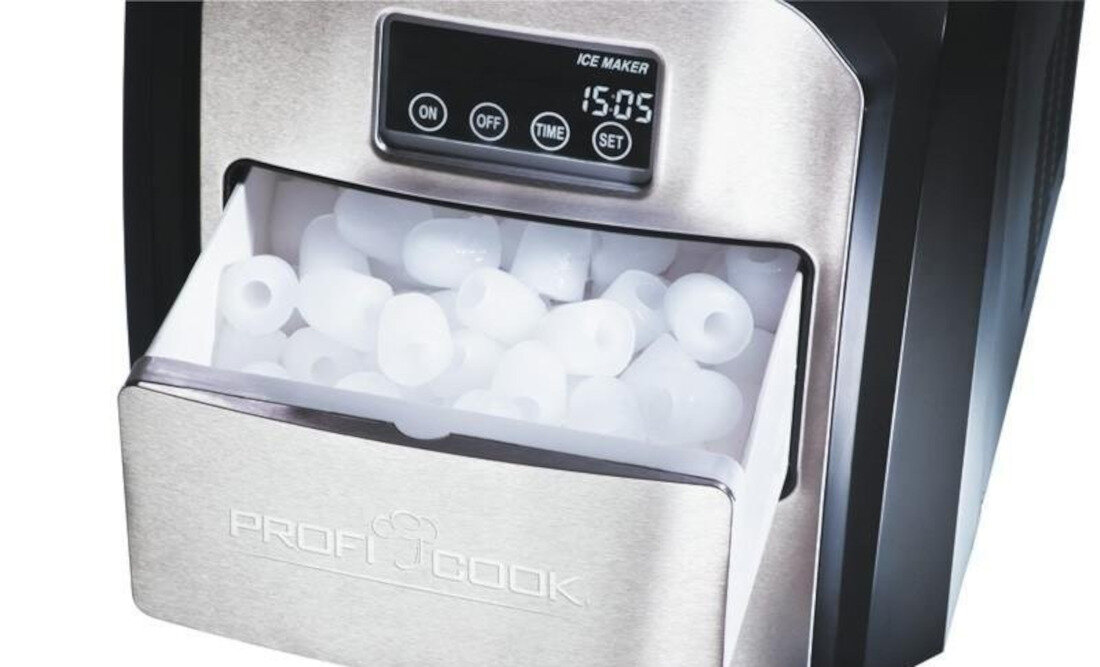 Kostkarka do lodu PROFI COOK PC-EWB 1007 sterowanie wydajna praca wyposazenie wyswietlacz LCD z zegamre pojemnosc 1,8l moc 180 W