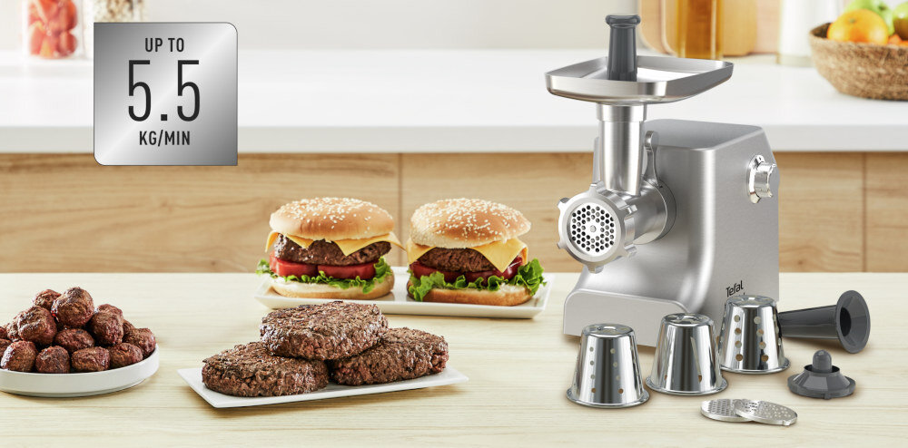 Maszynka do mięsa TEFAL NE858D38 ze wszystkimi nasadkami i różnymi wyrobami wymiary waga