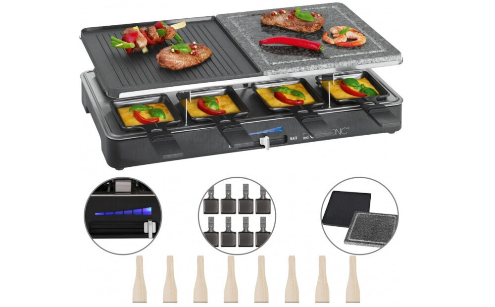 Grill elektryczny CLATRONIC RG 3518 wyposazenie zestaw akcesoria komplet 8 malych patelni drewniane szpatulki plyta grillowa