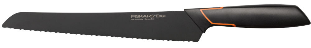 Nóż FISKARS Edge 978305 elegancki element ergonomicznie zaprojektowana rękojeść wygoda bezpieczeństwo specjalna czarna powłoka PTFE stylowy wygląd łatwe krojenie szybkie wygodne czyszczenie odporny na korozję możliwość mycia w zmywarce zwiększona funkcjonalność
