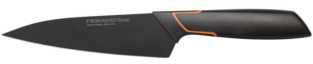 Nóż FISKARS Edge 1003095 czarna powłoka PTFE elagancja zapobieganie przywieraniu krojonych produktów ułatwienie czyszczenia ergonomiczna rękojeść formowana wtryskowo bezpośrednio na ostrzu minimalizuje ryzyko bakterii higiena pracy  trwały odporny an korozję łatwy w pielęgnacji możliwość mycia w zmywarce długość ostrza 15 cm waga 106 g styl komfort niezawodność