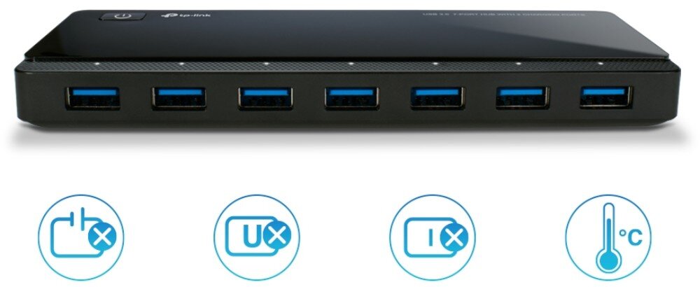 Hub TP-LINK UH720 Frontowy widok na siedem niebieskich portów USB 3.0 umieszczonych w czarnej obudowie, pod którymi znajdują się cztery ikony symbolizujące zabezpieczenia elektryczne i termiczne