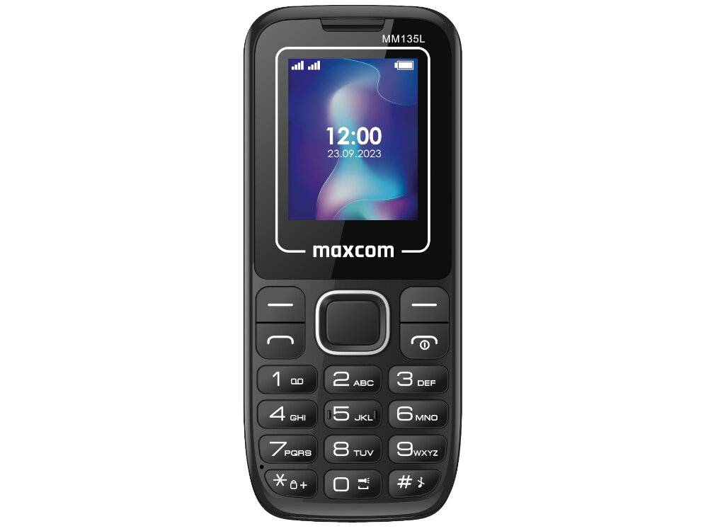 Telefon komórkowy z kolorowym wyświetlaczem, na którym widnieje godzina 12:00 i data 23.09.2023. Na obudowie widoczne jest logo \'maxcom\' oraz oznaczenie modelu \'MM135L\'.