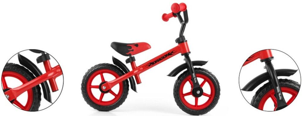 Rowerek biegowy MILLY MALLY Dragon czerwony szerokie rozstawienie kółek koła 10-calowe piankowe rower spełnia europejskie normy bezpieczeństwa