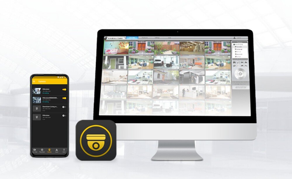 Serwer plików ASUSTOR AS6504RS Widok na monitor komputerowy oraz smartfon wyświetlający interfejs systemu monitoringu z podglądem z wielu kamer jednocześnie. Na ekranie smartfona widoczna jest lista dostępnych kamer z ich adresami IP