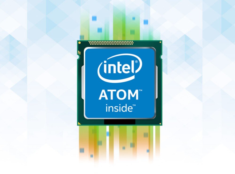 Serwer plików ASUSTOR AS6504RS Grafika przedstawiająca procesor marki Intel z napisem 'ATOM inside' na błękitnym tle. Z góry i z dołu procesora rozchodzą się pionowe pasy w kolorach zielonym i pomarańczowym z małymi niebieskimi kwadratami