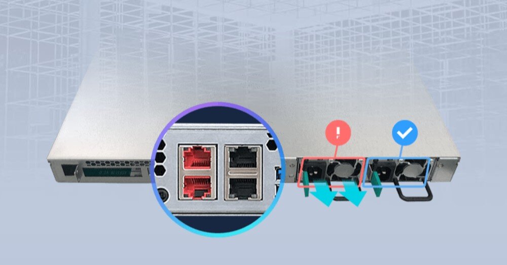 Serwer plików ASUSTOR AS6504RS Zdjęcie tylnego panelu urządzenia z przybliżeniem na cztery porty sieciowe RJ-45, z których dwa mają czerwone wnętrze. Po prawej stronie widoczne są dwa gniazda zasilania z ikonami czerwonego wykrzyknika oraz niebieskiego znacznika wyboru, sugerujące redundancję zasilaczy