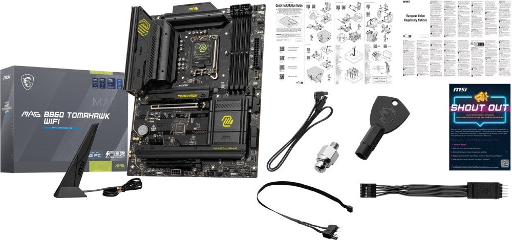 Płyta główna MSI MAG B860 TOMAHAWK WIFI Kompletny zestaw akcesoriów dołączonych do płyty głównej, w tym antena Wi-Fi, kable SATA, narzędzie do montażu M.2 i instrukcja obsługi