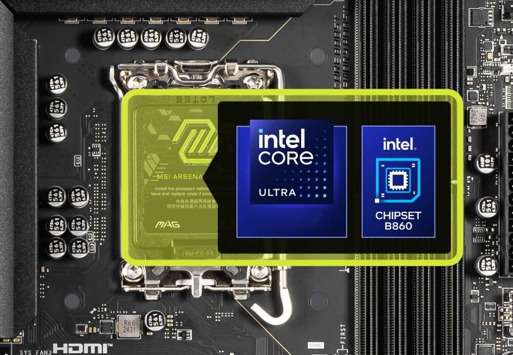 Płyta główna MSI MAG B860 TOMAHAWK WIFI Zbliżenie na gniazdo procesora z podstawką Intel LGA 1851. Nałożona grafika podkreśla obsługę procesorów Intel Core Ultra oraz chipsetu B860