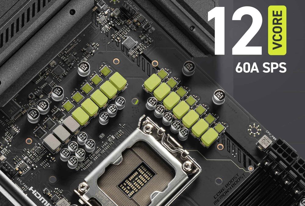 Płyta główna MSI MAG B860 TOMAHAWK WIFI Widok sekcji zasilania płyty głównej z 12-fazową konstrukcją VCORE i inteligentnymi stopniami zasilania 60A SPS. Zielone podświetlenie wskazuje kluczowe elementy obwodu