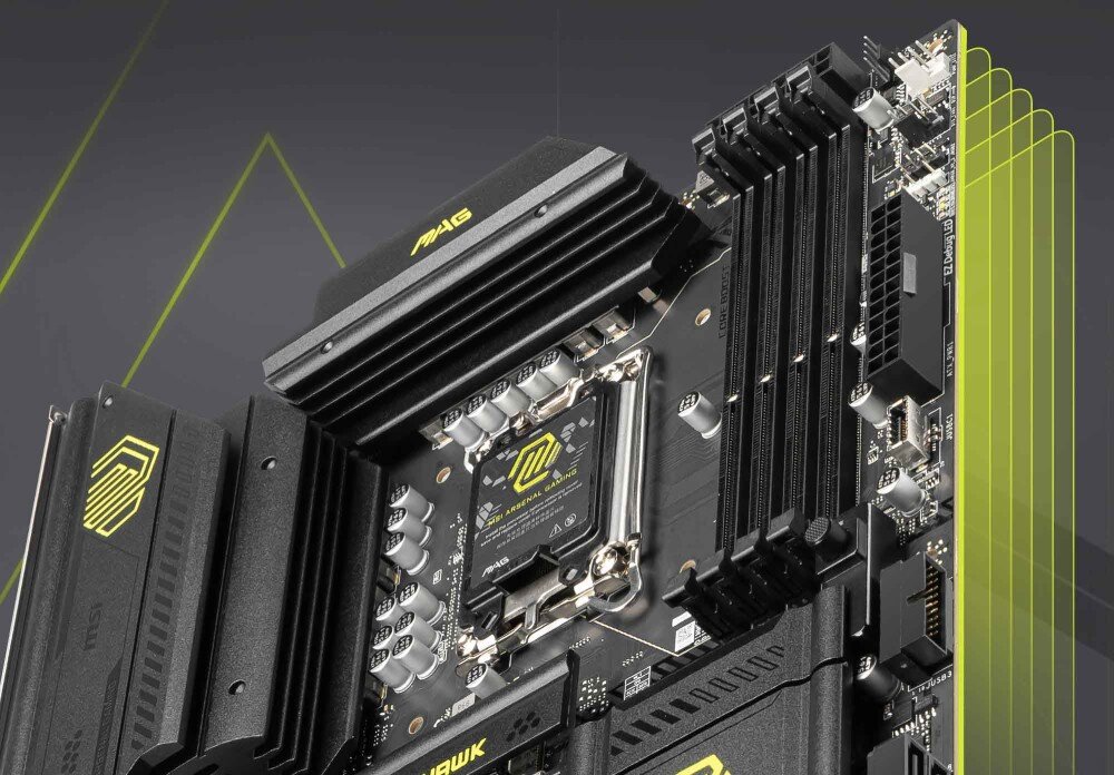 Płyta główna MSI MAG B860 TOMAHAWK WIFI Ujęcie całej płyty głównej z widocznymi radiatorami i slotami pamięci RAM. Żółte linie graficzne akcentują solidną konstrukcję chłodzenia i układu zasilania
