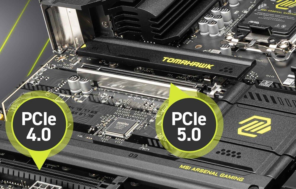 Płyta główna MSI MAG B860 TOMAHAWK WIFI Widok na gniazda PCIe 4.0 i PCIe 5.0 na płycie głównej, umożliwiające instalację kart graficznych i innych rozszerzeń. Grafika wyróżnia kompatybilność ze standardami PCIe