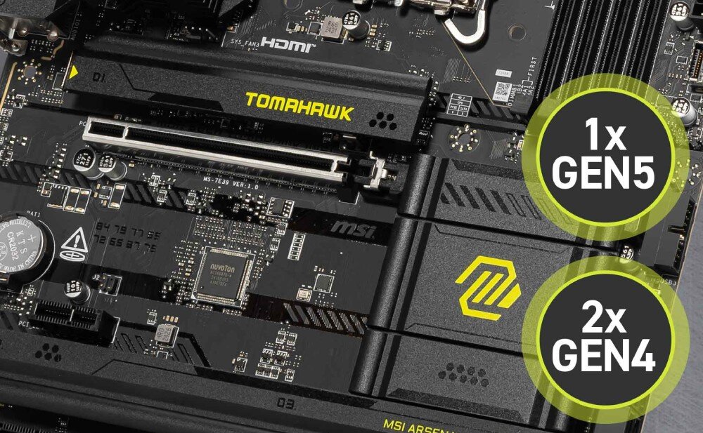 Płyta główna MSI MAG B860 TOMAHAWK WIFI Zbliżenie na złącza M.2, jedno w standardzie Gen5 oraz dwa w standardzie Gen4. Oznaczenia wskazują na możliwość montażu szybkich nośników SSD