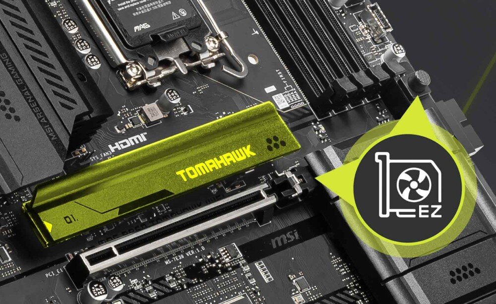 Płyta główna MSI MAG B860 TOMAHAWK WIFI Widok na osłonę EZ M.2 Shield Frozr, która zabezpiecza dyski SSD przed przegrzewaniem i ułatwia ich montaż bez użycia narzędzi