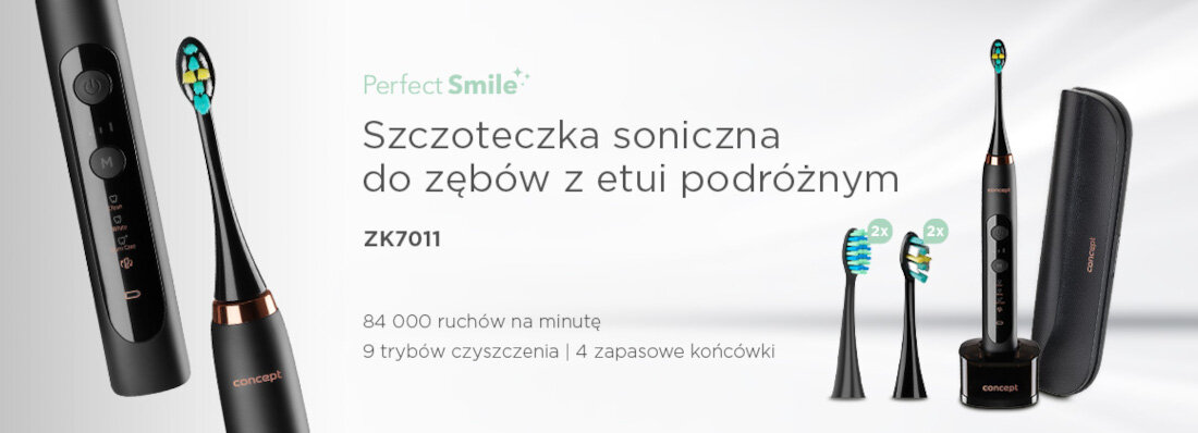 Obraz przedstawia czarną szczoteczkę soniczną z kolorową końcówką, etui podróżne oraz dodatkowe końcówki. Widoczny tekst: \'Perfect Smile Szczoteczka soniczna do zębów z etui podróżnym ZK7011 84 000 ruchów na minutę 9 trybów czyszczenia 4 zapasowe końcówki\'.