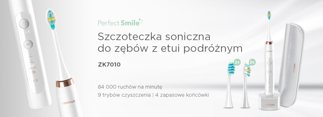 Obraz przedstawia białą szczoteczkę soniczną do zębów z etui podróżnym oraz dodatkowymi końcówkami. Widoczny tekst: \'Perfect Smile Szczoteczka soniczna do zębów z etui podróżnym ZK7010 84 000 ruchów na minutę 9 trybów czyszczenia 4 zapasowe końcówki\'.