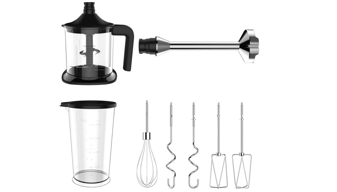 Mikser GASTROBACK 40983 wyposazenie komplet zestaw akcesoria 2 haki do ciasta 2 ubijaczki trzepaczka rozdrabniacz z 4 ostrzami blender ze stali nierdzewnej miska o pojemnosc 750ml miska do blendera o pojemnosci 800 ml
