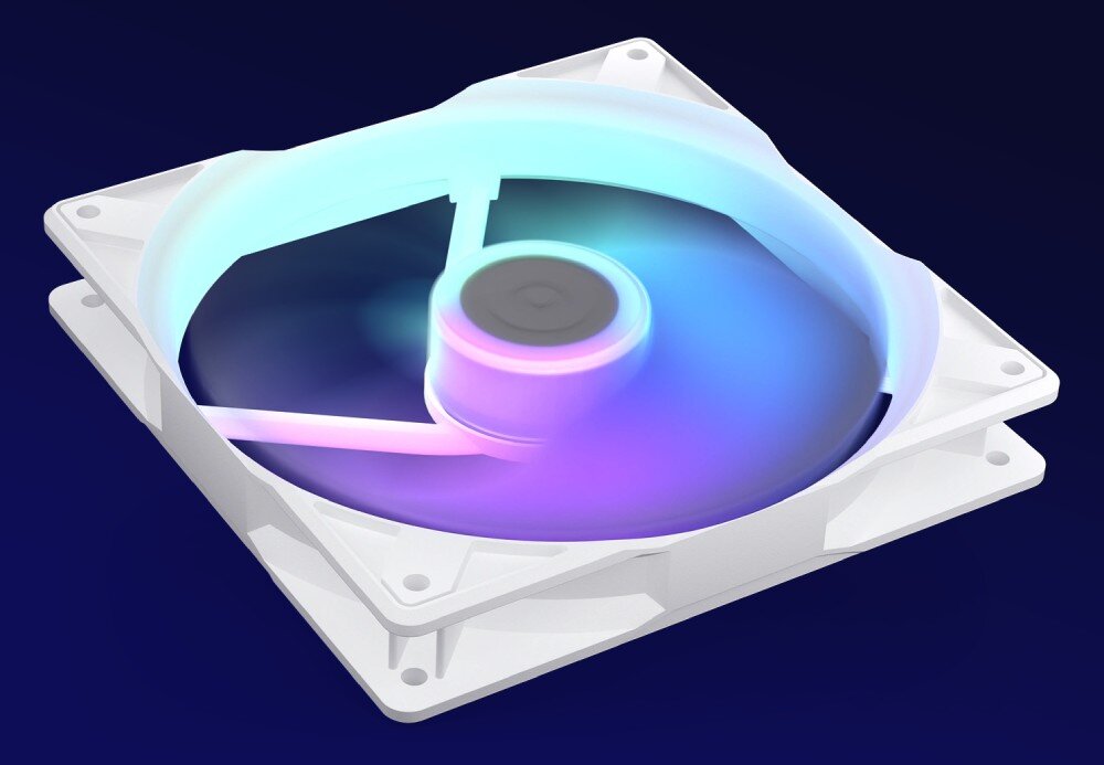 Wentylator ENDORFY Stratus 140 PWM ARGB Biały wentylator komputerowy leżący pod kątem, z włączonym wielobarwnym podświetleniem skupionym wokół wirnika i na wewnętrznej krawędzi obudowy