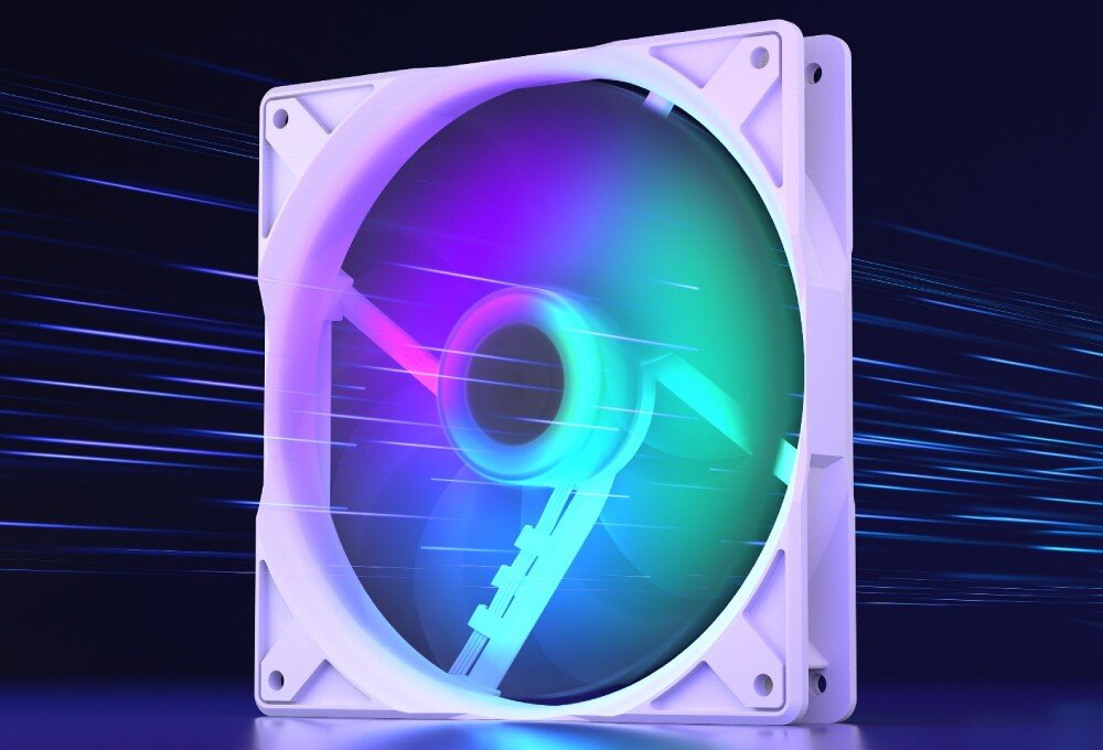 Wentylator ENDORFY Stratus 140 PWM ARGB Wentylator komputerowy w białej obudowie z rozmytym podświetleniem RGB sugerującym szybki ruch obrotowy oraz niebieskimi liniami symbolizującymi przepływ powietrza