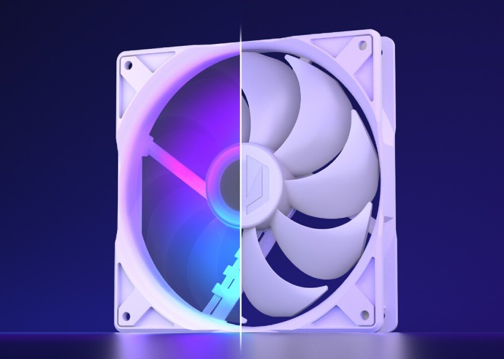 Wentylator ENDORFY Stratus 140 PWM ARGB Porównanie dwóch połówek wentylatora przedzielonych pionową linią, gdzie lewa strona jest podświetlona kolorami RGB, a prawa strona jest całkowicie biała i nieruchoma