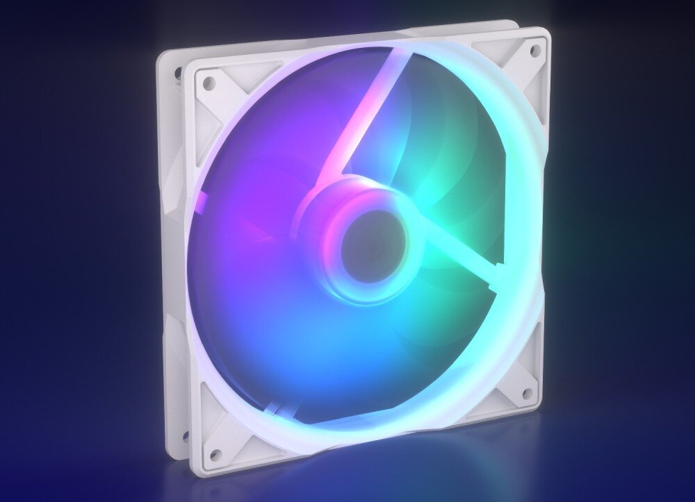 Wentylator ENDORFY Stratus 140 PWM ARGB Biały wentylator komputerowy ustawiony pod skosem z włączonym intensywnym podświetleniem w odcieniach fioletu, błękitu i zieleni, które odbija się od podłoża