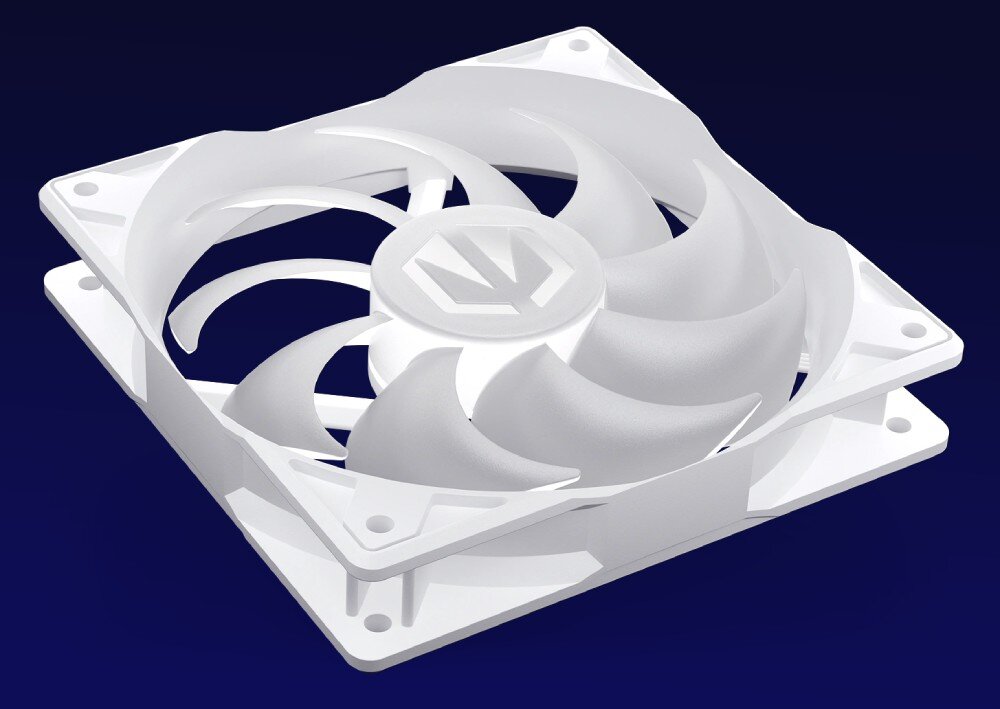 Wentylator ENDORFY Stratus 120 PWM ARGB Biały wentylator komputerowy leżący pod kątem, z włączonym wielobarwnym podświetleniem skupionym wokół wirnika i na wewnętrznej krawędzi obudowy