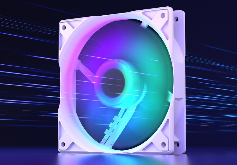 Wentylator ENDORFY Stratus 120 PWM ARGB Wentylator komputerowy w białej obudowie z rozmytym podświetleniem RGB sugerującym szybki ruch obrotowy oraz niebieskimi liniami symbolizującymi przepływ powietrza