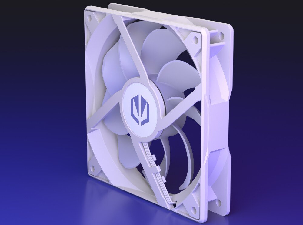 Wentylator ENDORFY Stratus 120 PWM ARGB Tył białego wentylatora komputerowego widziany pod kątem, pokazujący konstrukcję ramion podtrzymujących silnik oraz poprowadzony wzdłuż jednego z nich przewód zasilający