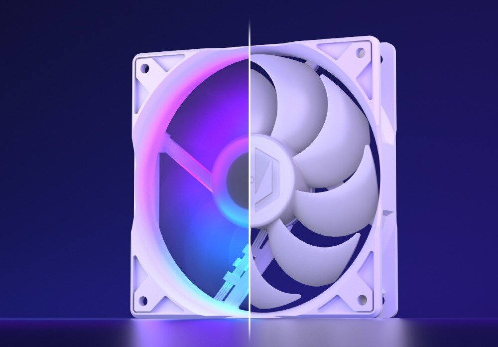 Wentylator ENDORFY Stratus 120 PWM ARGB Porównanie dwóch połówek wentylatora przedzielonych pionową linią, gdzie lewa strona jest podświetlona kolorami RGB, a prawa strona jest całkowicie biała i nieruchoma
