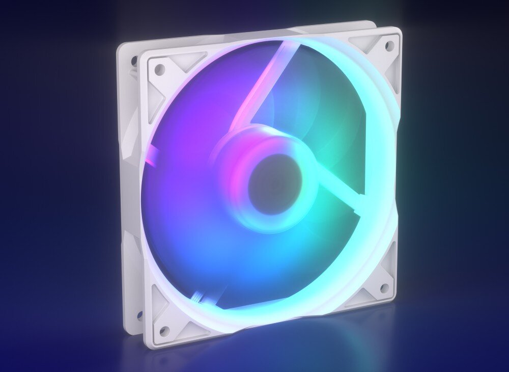 Wentylator ENDORFY Stratus 120 PWM ARGB Biały wentylator komputerowy ustawiony pod skosem z włączonym intensywnym podświetleniem w odcieniach fioletu, błękitu i zieleni, które odbija się od podłoża
