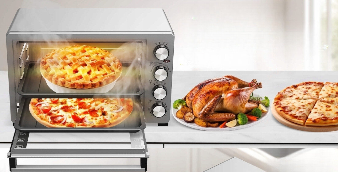 Mini piekarnik TURBOTRONIC TT-EVS38 Srebrny wygląd design tło prezentacja wizualizacja wygoda w kuchni
