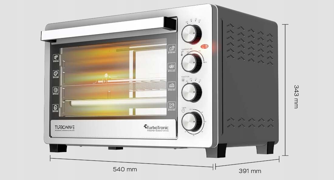 Mini piekarnik TURBOTRONIC TT-EVS38 Srebrny Solidna konstrukcja Stal nierdzewna wewnątrz i na zewnątrz zachowuje świetny wygląd higiena wymiary