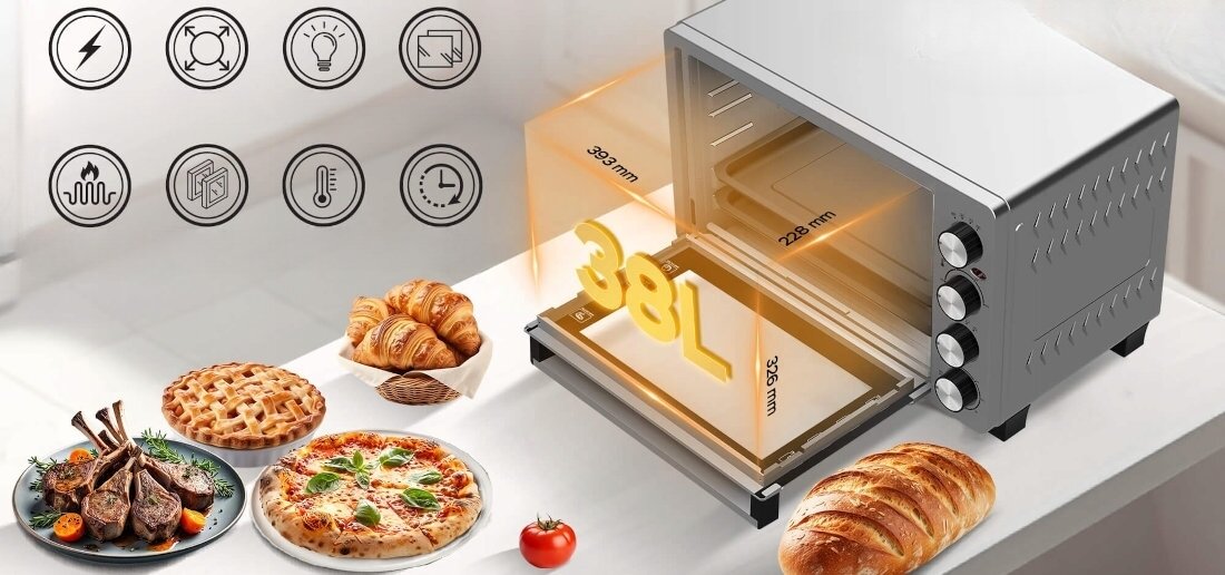 Mini piekarnik TURBOTRONIC TT-EVS38 Srebrny Pojemność na co dzień Pojemność 38 litrów  duże formy i kilka poziomów tacek