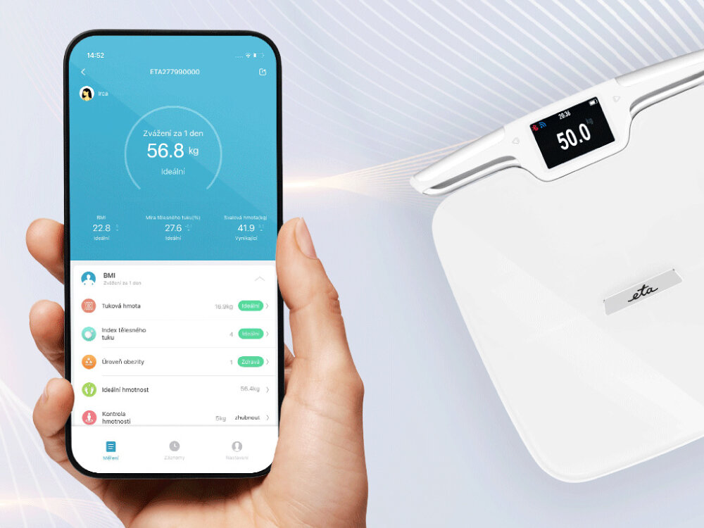 Waga łazienkowa ETA Vital Condition 877990000 aplikacja, analiza 56 parametów, śledzenie postępów w chmurze, automatyczne rozpoznanie użytkownika