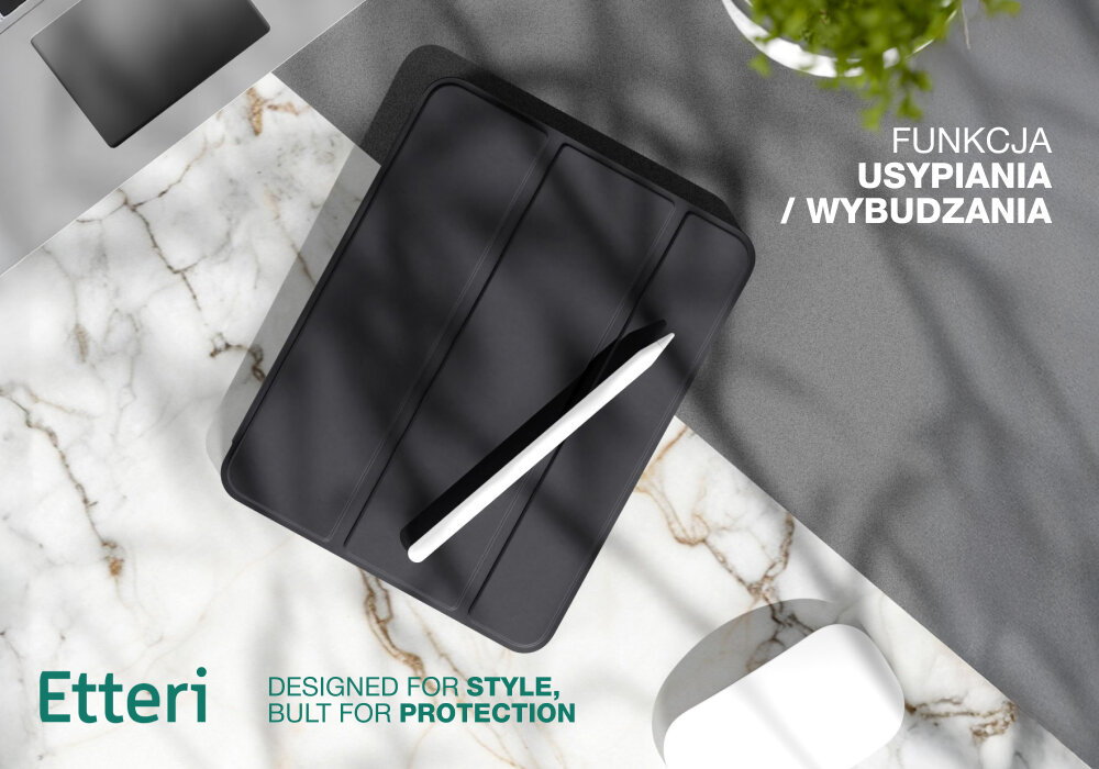 Na obrazie widoczne jest czarne etui na tablet z białym rysikiem na marmurowym tle. Tekst na obrazie: \'Etteri\', \'DESIGNED FOR STYLE, BUILT FOR PROTECTION\', \'FUNKCJA USYPIANIA / WYBUDZANIA\'.
