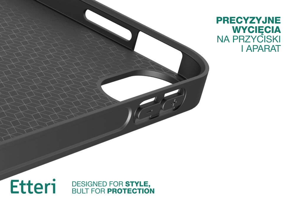 Czarne etui na tablet z precyzyjnymi wycięciami na przyciski i aparat, z geometrycznym wzorem wewnątrz. Tekst na obrazie: \'PRECYZYJNE WYCIĘCIA NA PRZYCISKI I APARAT\', \'Etteri\', \'DESIGNED FOR STYLE, BUILT FOR PROTECTION\'.