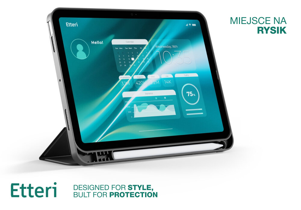 Obraz przedstawia etui na tablet z miejscem na rysik, z widocznym ekranem tabletu z interfejsem użytkownika. Na obrazie znajduje się tekst: \'Etteri\', \'MIEJSCE NA RYSIK\', \'DESIGNED FOR STYLE, BUILT FOR PROTECTION\'.