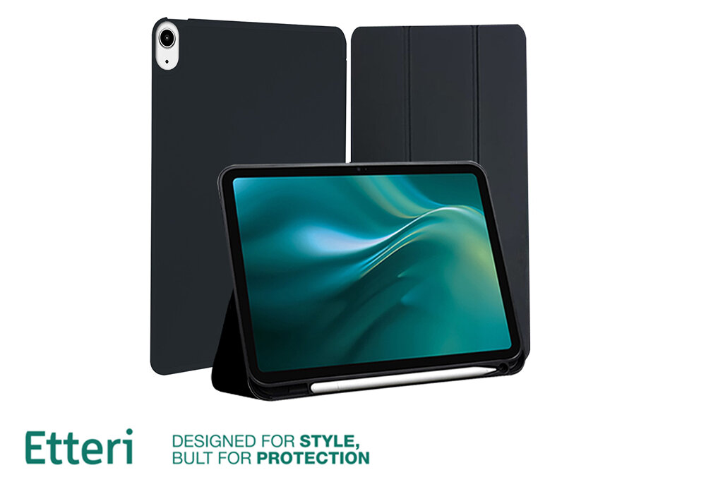 Na obrazie widoczne jest czarne etui na tablet z logo Etterri. Obok znajduje się napis: \'DESIGNED FOR STYLE, BUILT FOR PROTECTION\'.